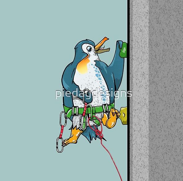 cartoon penguin rock climbing, bird rock climbing
