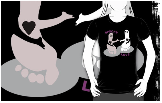 shirt, t-shirt, ghost, spooky, cute ghost, pink ghost, white ghost, foot prints, halloween, valentines, love, heart, hearts, holding hands, goth, gothic, evil