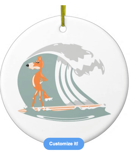 fox, fox surfing, fox on a surfboard, surfboard, surfing, kawaii, annamorphic, funny fox, cute fox, funny, christmas ornament