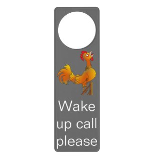 Picture, wake me up, wake up call, wake up, rooster, hen, roosters, crow, crowing, cartoon rooster, brown rooster, brown, perched feather feathers, Door Hanger 