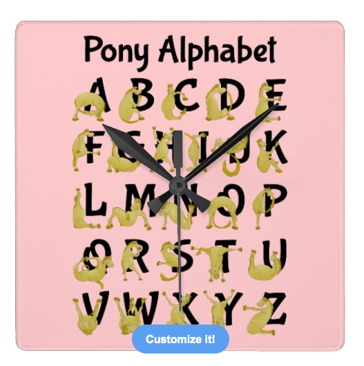 pony alphabet, alphabet chart, funny pony, funny horse, cute pony, cute horse, for kids, abc, educational, teaching, cartoon pony, Square Wallclocks