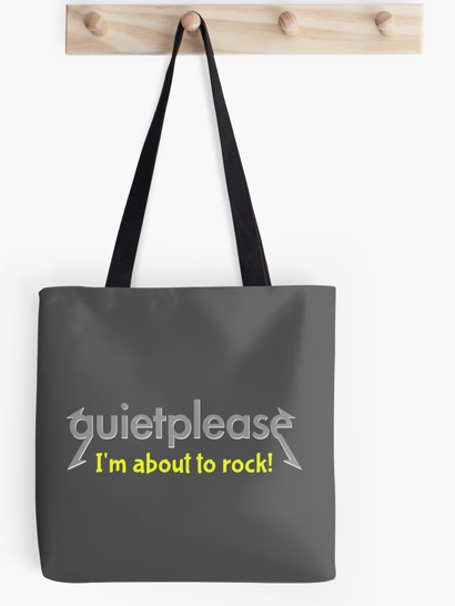 tote, bag, shirt, red bubble, quiet please, heavy metal librarian, quiet, heavy metal, librarian, library, be quiet, geek, cool geek, rock n roll, funny, humour, library humour, books, album cover, album cover art, typography, im about to rock, rock, music
