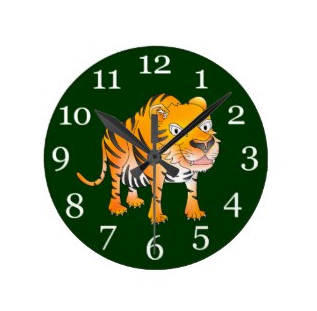 tiger, cartoon tiger, happy tiger, smiling tiger, stripped tiger, sharp teeth, roar, hello tiger, wall clock