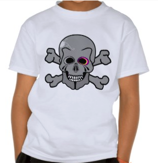 halloween, skeleton, bones, pirate, pirates, pirate flag, jolly roger, skull and cross bones, human bones, pink eye, tee shirts