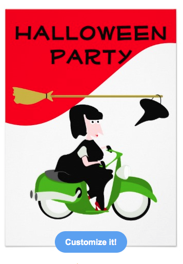 party, halloween party, halloween, happy halloween, customizable halloween, witch, witch riding a moped, scooter, motor, witch on a motor, personalized announcement