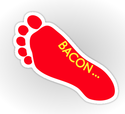 sticker,  bacon, i love bacon, funny tattoo, bacon lover, foot tattoo, foot, feet, model, super model, satire, red and yellow, funny, humour, fashion