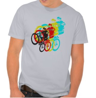 cycling, mountain bike, mountain biking, trials, bicylce trials, rainbow colours, wheelie, cyclist, stunt riding, brightly colored bikes, tshirts 