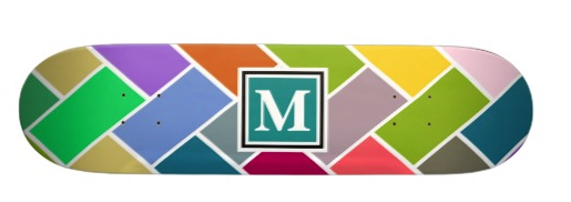 monogram, modern, deco, tiled, white monogram, customizable, personalized, colourful pattern, bricks, mosaic, skate board
