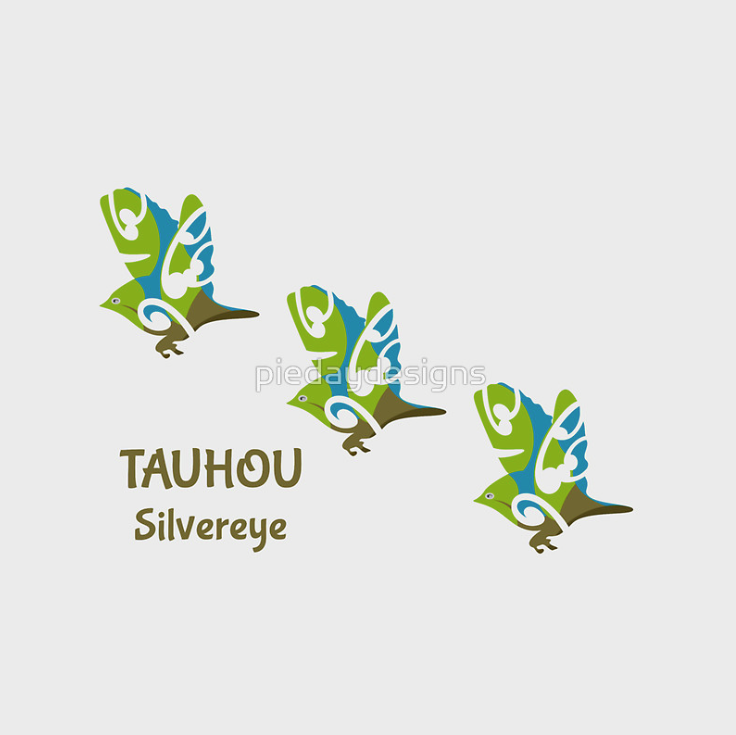 redbubble, Tauhou is the Maori name for the Silvereye. This design features 3 Tauhou flying in formation. This Bird is designed with curving korus and curving colours which represent the true colours of the beautiful Silvereye. The silvereye, also know as Wax-eye (Zosterops lateralis) or White-eye, colonised New Zealand from Australia and is one of New Zealand’s widespread bird species. It is found throughout New Zealand. Silvereyes are small songbirds that are easily recognised by a white eye-ring; their feathers are olive-green above and cream below.