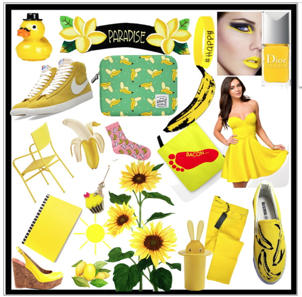 yellow, collage, polyvore, yellow dress, yellow lipstick