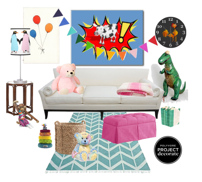 polyvore, decorate, contest, cow, kapow, penguin, pink penguin, rooster, rooster clock, kids room, messy room, toys