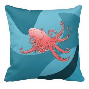 octopus, octopi, orange octopus, happy octopus, blue, waves, cartoon octopus, eight legs, eight, legged, throw pillows