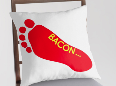 throw pillow,  bacon, i love bacon, funny tattoo, bacon lover, foot tattoo, foot, feet, model, super model, satire, red and yellow, funny, humour, fashion Groups