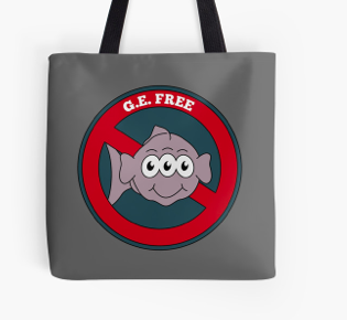 tote bag, sign ,g e free, genetic engineering, genetic modification, mutation, prohibition, fish, three eyed fish, mutant, smiling fish, protest, banned sticker,  