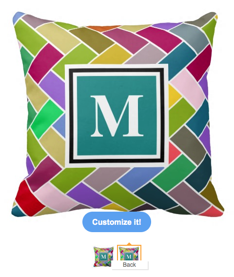 monogram, modern, deco, tiled, white monogram, customizable, personalized, colourful pattern, bricks, mosaic, pillow