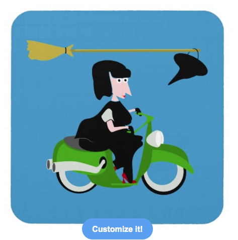 witch, cartoon witch, evil, moped, motorbike, motorcycle, witch on a moped, witch on a scooter, halloween, happy halloween, cute witch, drink coasters