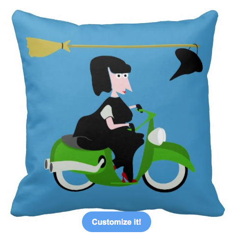 moped, green moped, geen motorbike, green motor cycle, witch, evil witch, cute witch, witch riding a motor, funny witch, halloween, throw pillows