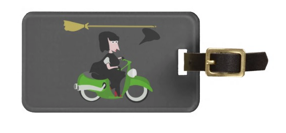 witch, cartoon witch, evil, moped, motorbike, motorcycle, witch on a moped, witch on a scooter, halloween, happy halloween, cute witch, Tags for Luggage