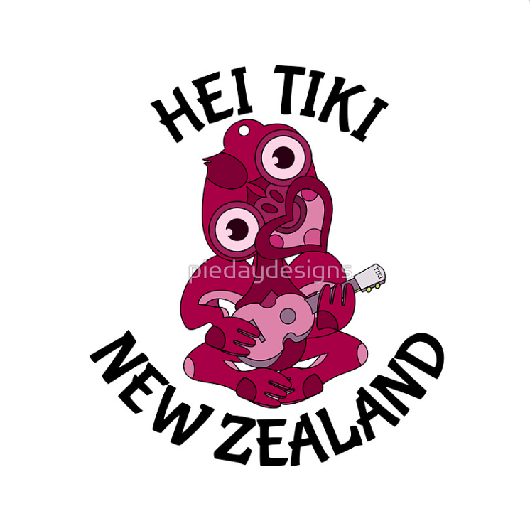 tiki, ukulele, new zealand, maori design, aotearoa, hei tiki, pink ukulele, tiki playing a ukulele, big eyes, maori culture, pink guitar, musician, shades of pink, kiwi