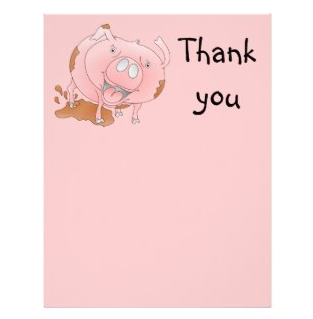pig, cute pig, trotter, mucky, piglet, pink pig, cartoon pig, happy pig, thank you, thanks, play in mud, muddy, letterhead design 