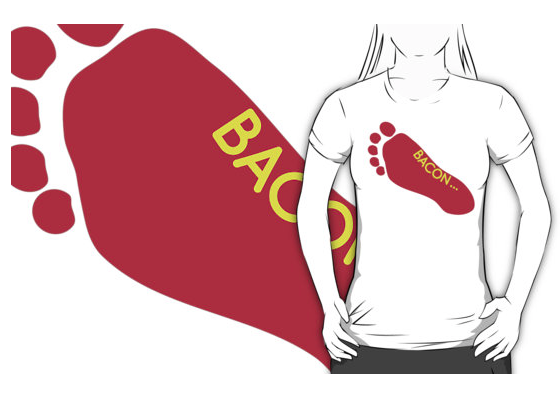 tee,  bacon, i love bacon, funny tattoo, bacon lover, foot tattoo, foot, feet, model, super model, satire, red and yellow, funny, humour, fashion