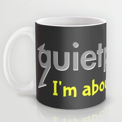 coffee cup, mug, quiet please, heavy metal librarian, quiet, heavy metal, librarian, library, be quiet, geek, cool geek, rock n roll, funny, humour, library humour, books, album cover, album cover art, typography, im about to rock, rock, music