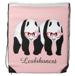 gay, lesbian, coming out of the closet, coming out, coming out party, gay pride, lesbian pride, panda, pandas, lesbihonest, panda wearing glasses, pink bow, bears, Drawstring backpack