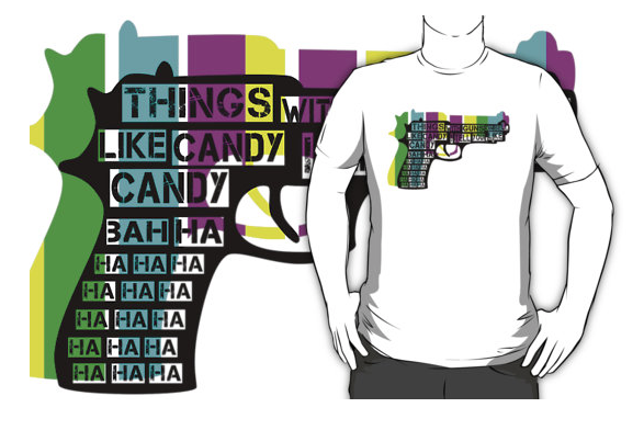 guns, gun, pistol, evil laugh, funny, humour, gun lobby, rainbow coloured gun, candy, lollies, sell like candy, shirts with guns on, selling shirts, bright stripes