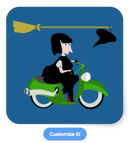 witch, cartoon witch, evil, moped, motorbike, motorcycle, witch on a moped, witch on a scooter, halloween, happy halloween, cute witch, square sticker