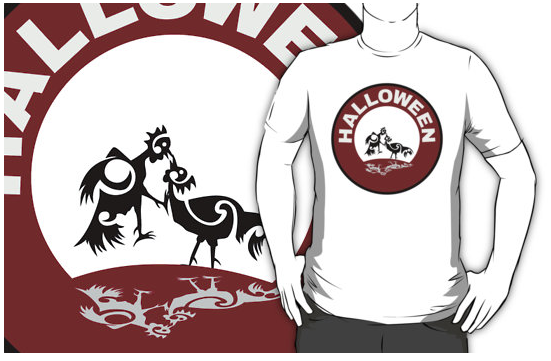 shirt, t-shirt, halloween, roosters, sparing, fight, spare, birds, hens, full moon, moon, koru, shadows, red circle, black and white, silhouette
