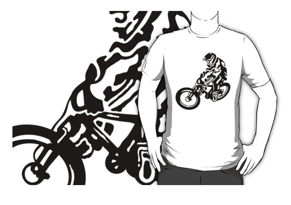 redbubble, tote, t-shirt, sticker, mtb, black and white, mountain bike, down hill, riding, rider, cycling, white space, vector, black bike, black bicycle, air time, full face helmet, bike ride, sport, extreme sports, downhill, free ride, freeride