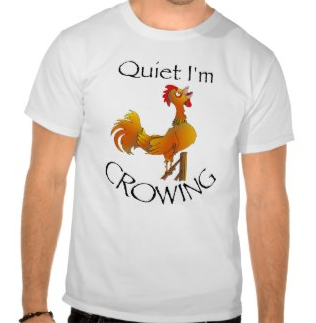 rooster, roosters, crowing, quiet, humor, funny, cartoon rooster, crowing rooster, quiet i'm crowing, bird, hen, animal, farm animals, tee shirts