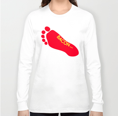 long sleeve t-shirt,  bacon, i love bacon, funny tattoo, bacon lover, foot tattoo, foot, feet, model, super model, satire, red and yellow, funny, humour, fashion