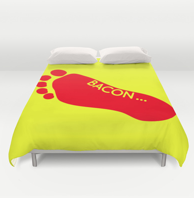 Duvet cover,  bacon, i love bacon, funny tattoo, bacon lover, foot tattoo, foot, feet, model, super model, satire, red and yellow, funny, humour, fashion