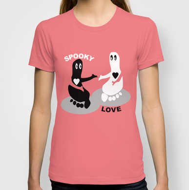 Tags, ghost, spooky, cute ghost, ghost, pink ghost, white ghost, foot prints, halloween, valentines, spooky, love, heart, hearts, holding hands, goth, gothic, evil, t-shirt