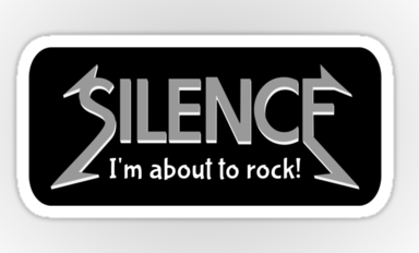 silence, im about to rock, quiet, heavy metal, be quiet, geek, cool geek, rock n roll, funny humour, library humour, books, album cover, album cover art, typography, rock music, music, sticker