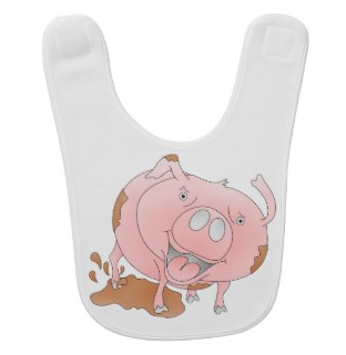 pig, pigs, piglet, pink pig, mud, muddy, playing in mud, cute pig, cartoon pig, farm animals, baby bib