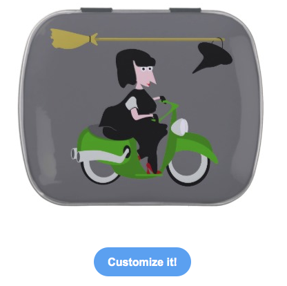 moped, scooter, motorbike, motor, cycle, green motorbike, witch, halloween, cartoon witch, evil, Jelly Belly Tins
