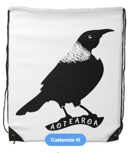 draw string bag, tui, bird, new zealand bird, forest bird, song bird, aotearoa, black bird, black and white, black and white bird, stylised bird, Cinch bags