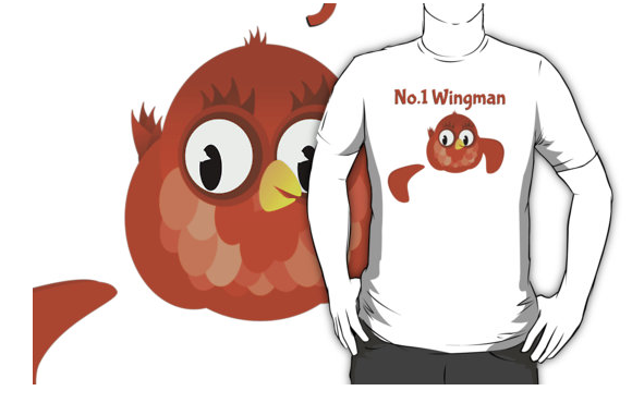A bird flying along, alarmed to notice that it’s wing has fallen off. Maybe a good design for a buddy who it not such a good wingman, or a fun shirt for a stag night. The text reads no.1 wingman, t-shirt, redbubble, tiki graphics