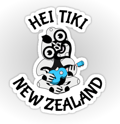 sticker, tiki, ukulele, new zealand, maori design, aotearoa, hei tiki, blue ukulele, tiki playing a ukulele, big eyes, icon, guitar, small guitar, blue guitar, playing guitar, playing ukulele, pacifica, kiwi
