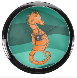 Smiling cartoon seahorse in green ocean aqua clock by mailboxdisco  cstomizable