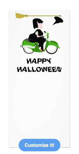 witch, cartoon witch, evil, moped, motorbike, motorcycle, witch on a moped, witch on a scooter, halloween, happy halloween, cute witch, rack card