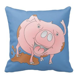 Picture, kids, girls, pig, cute pig, trotter, play in mud, muddy, mucky, piglet, pink pig, cartoon pig, happy pig, throw pillow