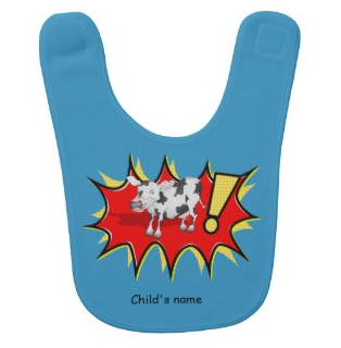 Picture, starburst, star, red star, kapow, pow, comics, cow, black and white, black and white cow, cute cow, happy, comic, baby bib