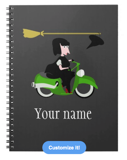 witch, cartoon witch, evil, moped, motorbike, motorcycle, witch on a moped, witch on a scooter, halloween, happy halloween, cute witch, spiral note book