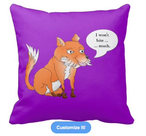 fox, speech bubble, talking fox, cute fox, customizable, orange fox, foxes, i won't bite, bite, biting, customizable speech bubble, cute animal, cartoon fox, throw pillows