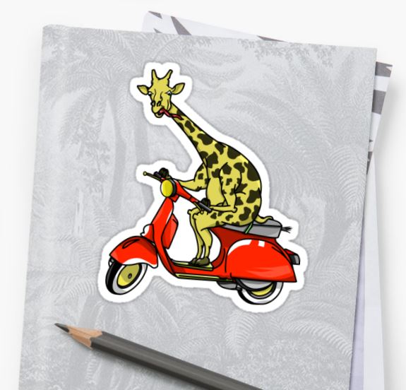 giraffe riding a moped, moped, scooter, vesper, giraffe, sticker,
