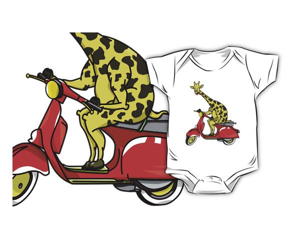 giraffe riding a moped, moped, scooter, vesper, giraffe, baby clothes,